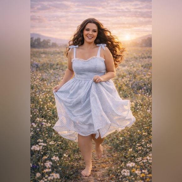JessaKae Blue Gingham & Lace Priscilla Organza Midi Dress, 1x, NWT! - Picture 5 of 16